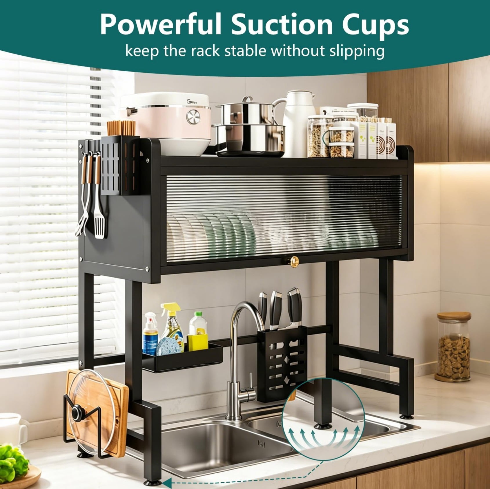 Over Sink Dish Drying Rack with Door, 33 Inch Space Saving Over Sink Dish Rack with Cover, Metal Dish Drainer with Cutlery Holder, Black