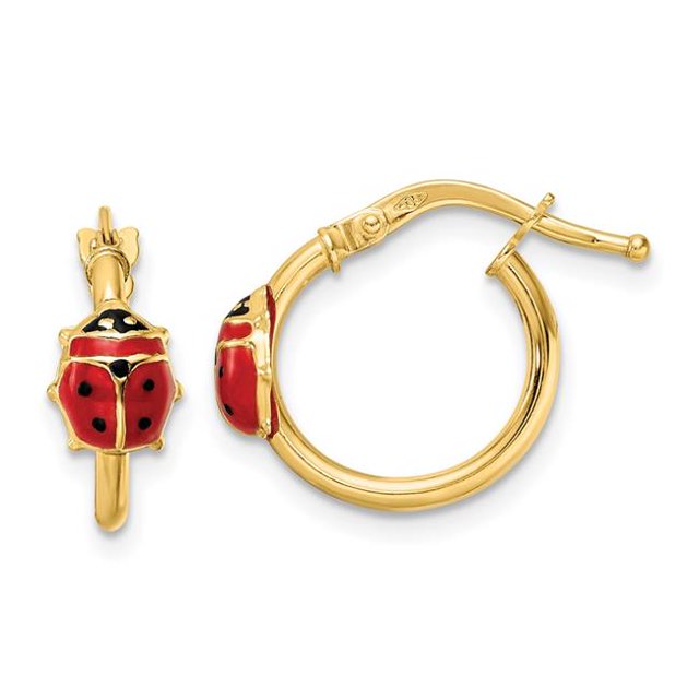 Quality Gold YE2088 14K Yellow Gold Polished Enameled Ladybug Post Hoop Earrings