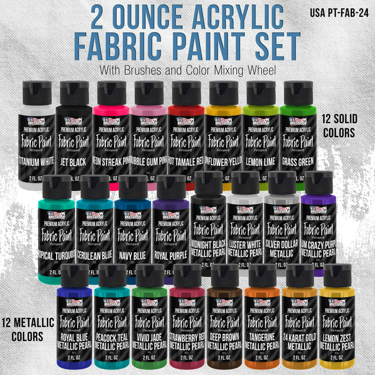 U.S. Art Supply 24 Color Set of Permanent Acrylic Fabric Paint in 2 Ounce Bottles, Plus A 7-Piece Brush Kit - Artists Textile Paint for Clothes, Denim