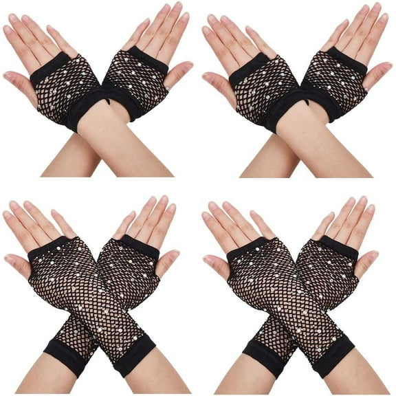 4Pairs 2 Styles Women Nylon Mesh Gloves with Rhinestones Party Elastic Fingerless Gloves Black 85~230x70~85x2~2.5mm 2pairs/style