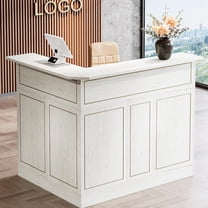 Finmind L-Shaped Reception Desk with Storage Shelves, Modern Front Desk Counter Table for Office, Salon, Retail Checkout, White Reception Counter with Open Storage for Small Spaces
