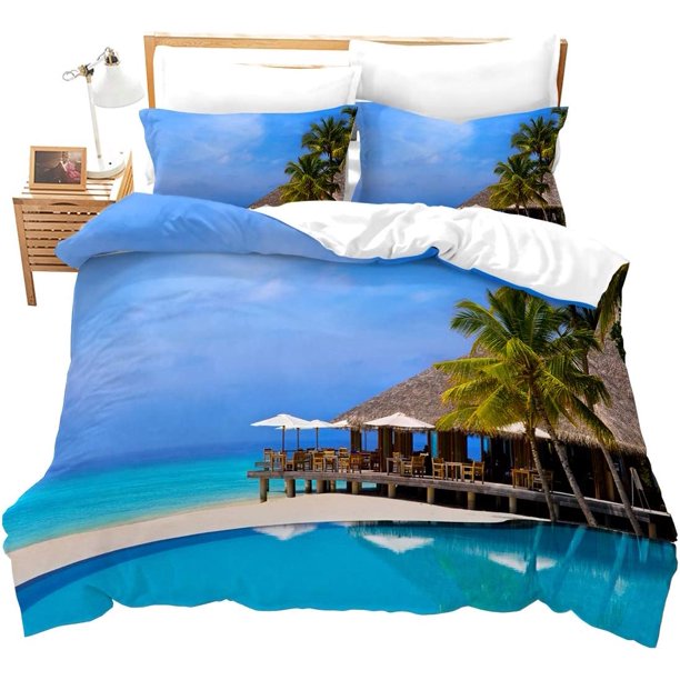 Playa Juego de Funda Nórdica Queen Océano Ropa de Cama Set Hawaiian Palm Trees Blue Sea Palm