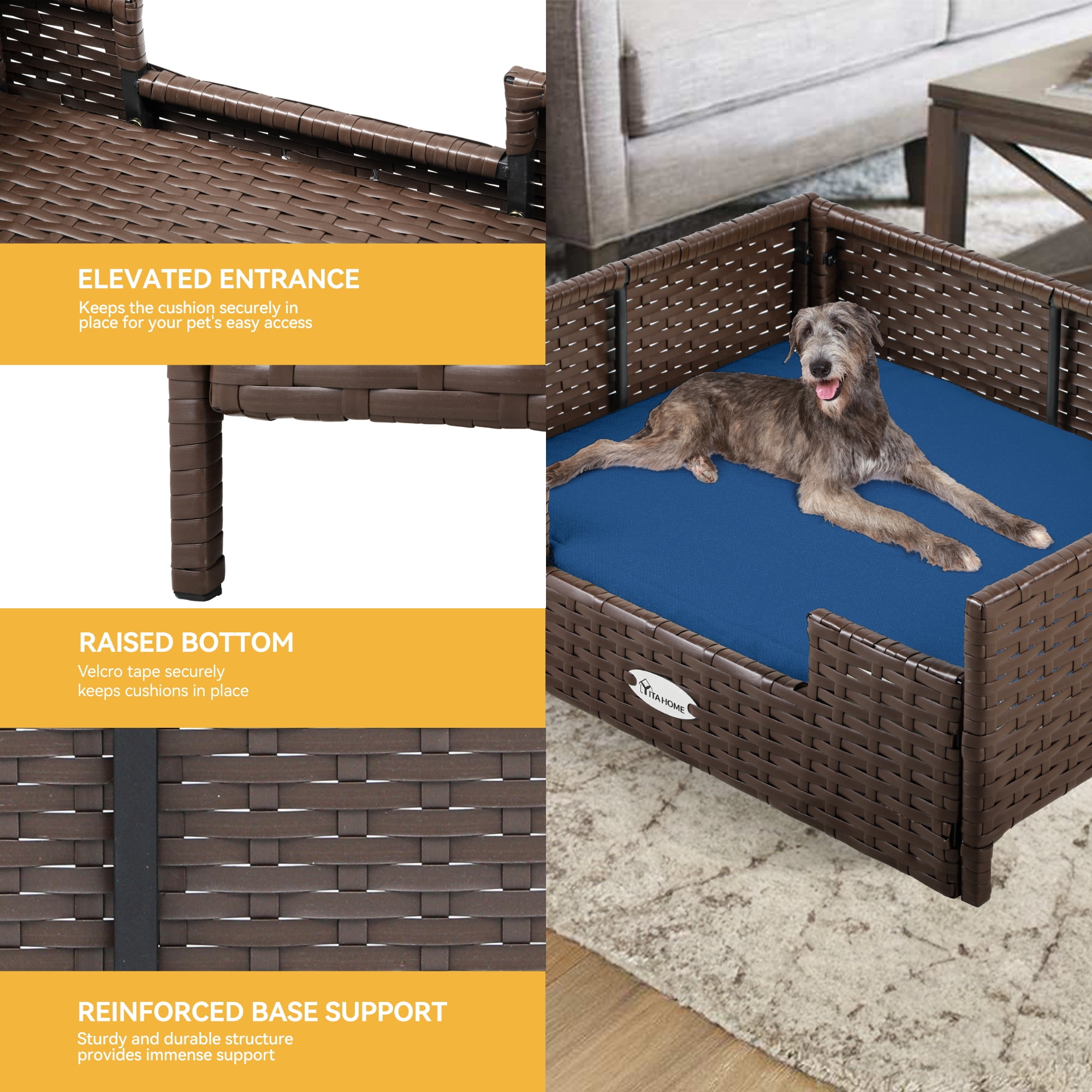 Dextrus Rattan Dog Bed with Blue Cushion, Indoor Outdoor Pet Bed for Small Medium Dogs and Cats,34.6''Lx23.6''Wx11.8''H,Brown