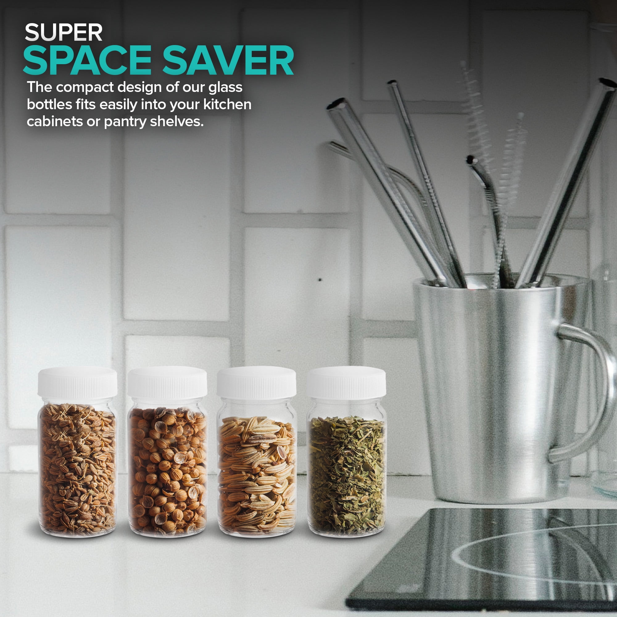 Glass Shot Bottles with Caps (16 Pack) 2 Oz Juice, Wellness, or Ginger Shots Bottle - Leak Proof, Dishwasher Safe, Mini Jars with Plastic Lids - Reusable Small Juicing Containers, Stock Your Home