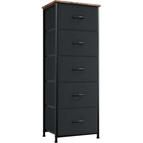 Tall dressing table for bedroom with 5 drawers and removable fabric bins, black