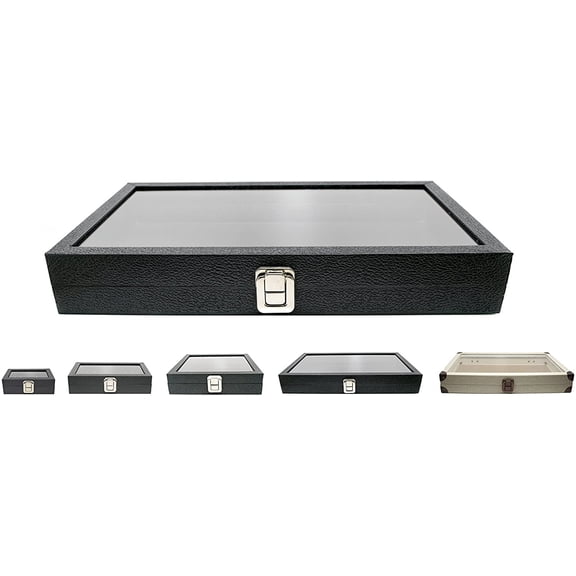 Novel Box Large Glass Top Black Leatherette Metal Clasp Jewelry Display Case 14.75X8.25X2.1"   NB Cleaning Cloth