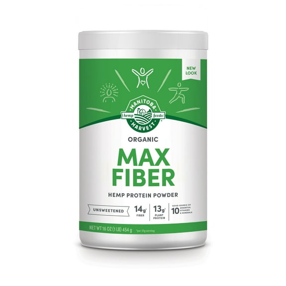 Manitoba Harvest Max Fiber Organic Protein Powder, Hemp Yeah! Hemp Protein Unsweetened, 16 oz, 1 lb