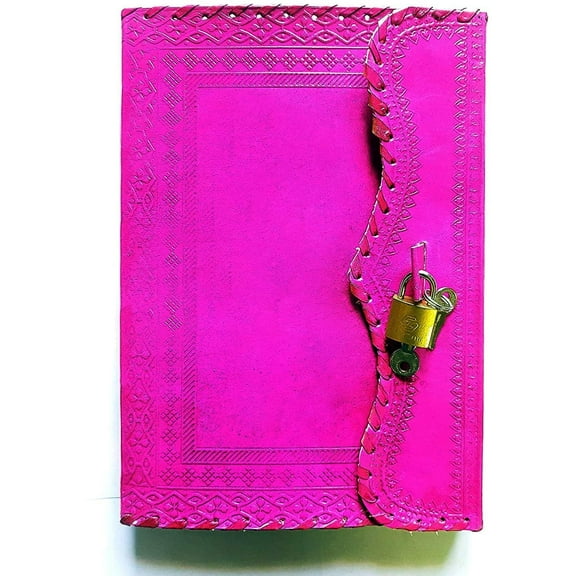 Jaald 10" Leather Journal Blank Notebook Handmade Travel Diary with Lock Writing Bullet Journal Christmas Gift Pink Sketchbook for Artists