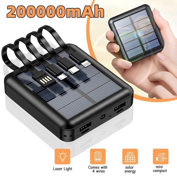 Portable Charger Power Bank 20000mAh Phone Charger,iPhone Charger with Built in 4 Cable, USB/Lighting/Micro-B/Type-C , Dual USB Ports, Super Bright Lamp , Power Display