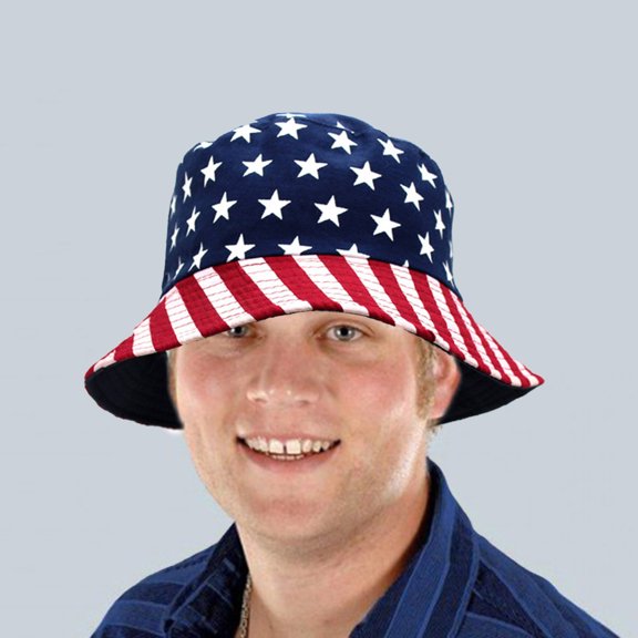 Waroomhouse Fisherman Hat Flat Top Double-sided Wearable Wide Brim US Flag Pattern Independence Day Unisex Sun Hat Daily Wear