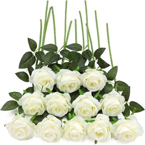 Fake Roses Artificial Silk Flowers - White Roses Artificial Faux Flowers with Stems for Home Wedding Centerpiece Hotel Office Decor