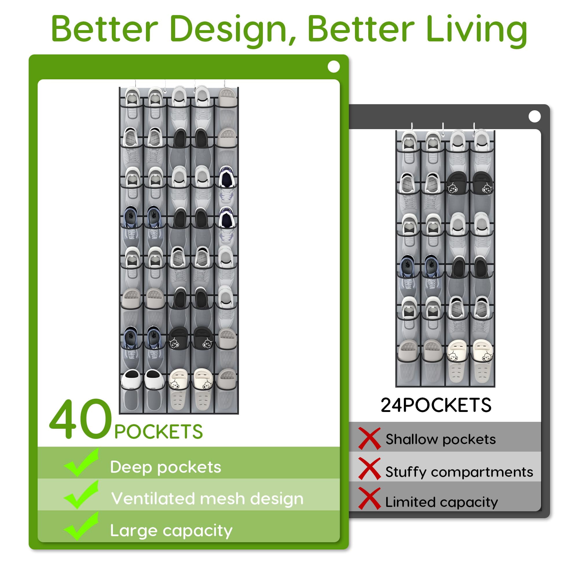 Over the Door Shoe Organizer with 40 Pockets, 18 Travel Shoe Bags & 1 Washing Bag, Hanging Shoe Rack with Breathable Mesh
