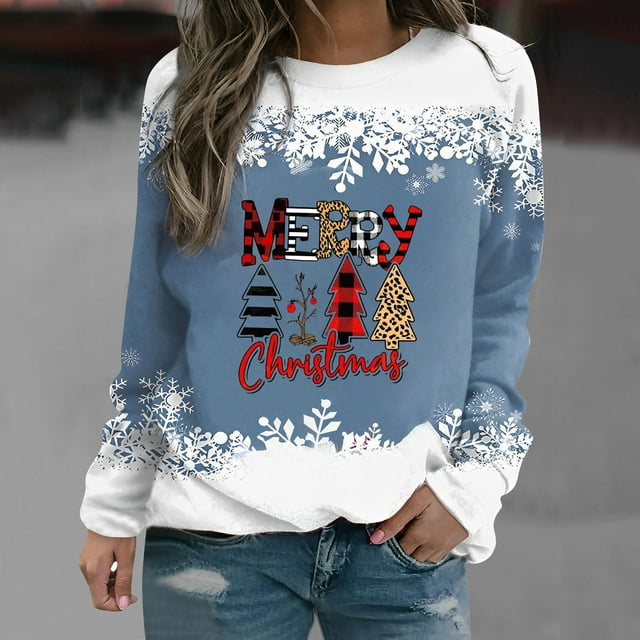 Chandails d'Automne Génériques pour Femmes, T-Shirt Ample Imprimé d'Hiver pour Femmes, Blouse à Manches Longues, Hauts Décontractés à Col Rond
