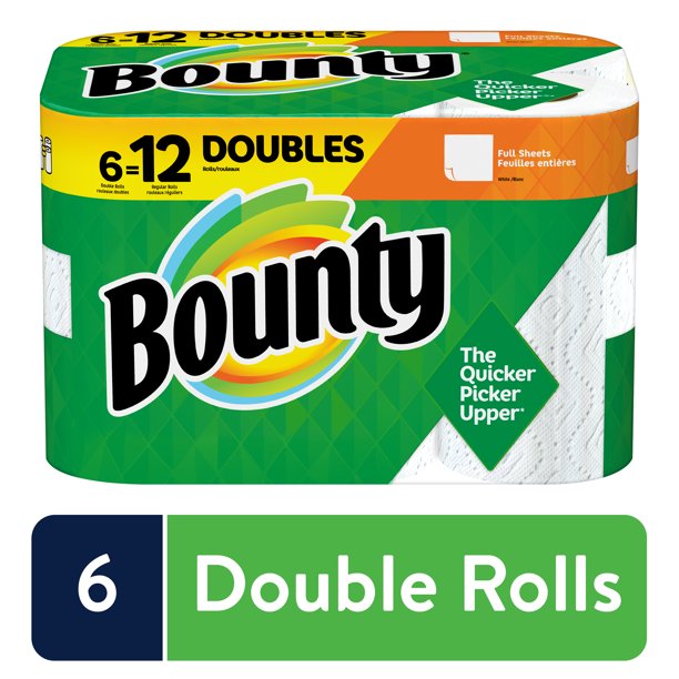 Bounty Paper Towels, White, 6 Double Rolls = 12 Regular Rolls, 6 Ct