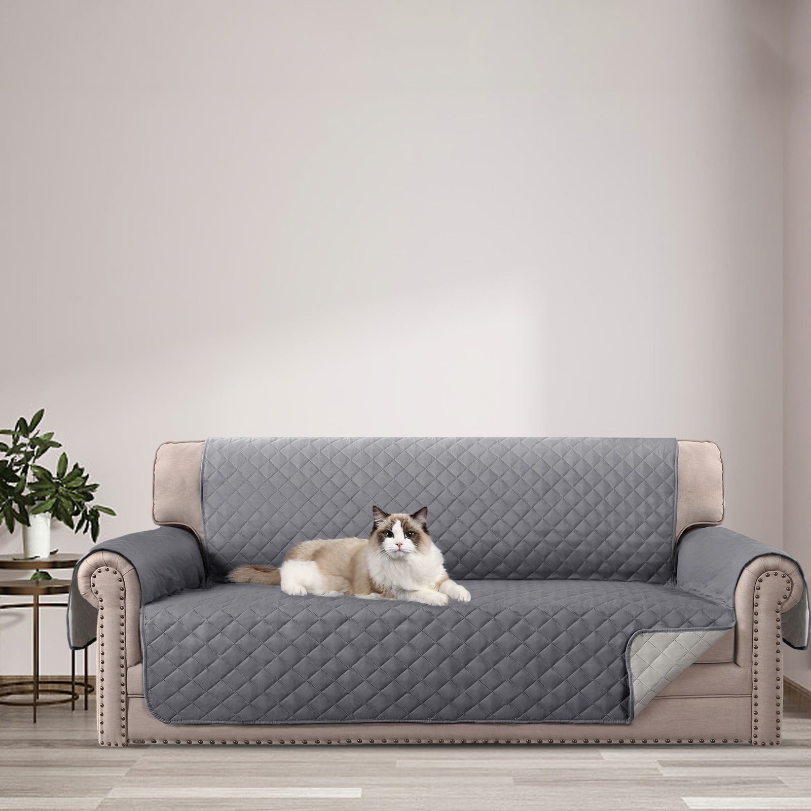 Quilted 3 Seater Sofa Cover Slipcover, Furniture Protector for Couch, Polyester Home Decor (Gray)