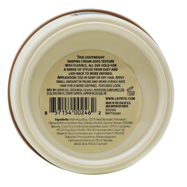 Layrite Natural Matte Cream, 4.25 oz, Water-based, All-day hold