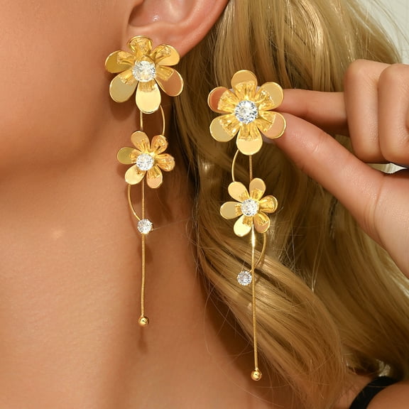 Sunyuer 18K Gold Plated Flower Dangle Tassel Earrings for Women, Exaggerated Large Floral Drop Statement Earrings Stud Jewelry Gifts