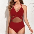 thumbnail image 4 of successthop Modest Swimsuits for Women Spaghetti Strap Halter V Neck One-Piece Modest Mesh Sheer Twist Knot Front Solid Romper Beachwear Sexy Slimming Bikinis Tankinis for Holiday Seaside, 4 of 6