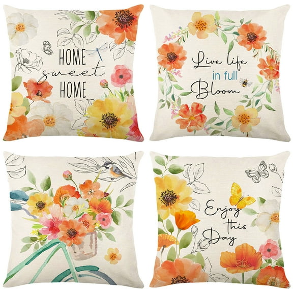 PISONIC Spring Floral Throw Pillow Covers 18x18 Inch Set of 4, Bicyle Flowers Cushion Case Decoration Farmhouse Decor for Couch Sofa