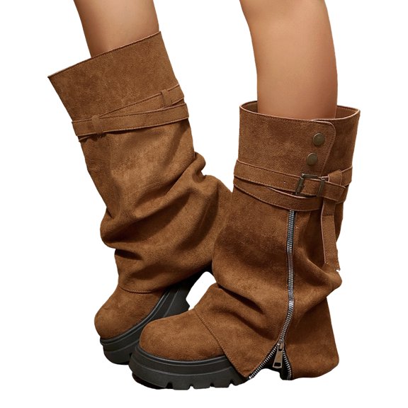 Women's Slouchy Mid Calf Boots Faux Suede Buckle Side Zipper Platform Lug Sole Retro Casual Combat Boots