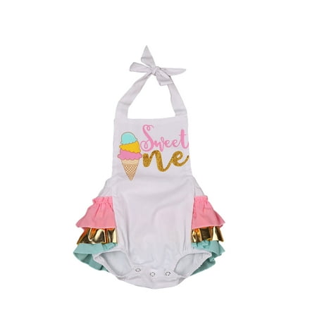 

Summer Toddler Baby Girl My 1st Birthday Romper Ice Cream Print Halter Layered Ruffles Tutu Dress One-Piece Jumpsuit Sunsuit
