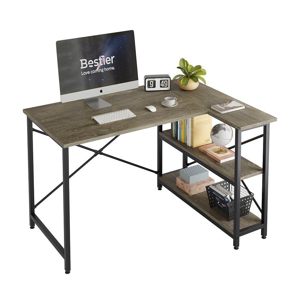 Espresso SAMTRA 66 × 47 Reversible L Shaped Desk with Shelves Storage Round Corner Computer Study Writing Workstation Table for Home Office Modern Simple Style