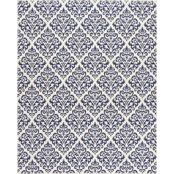 8' X 10' Blue and White Damask Power Loom Area Rug
