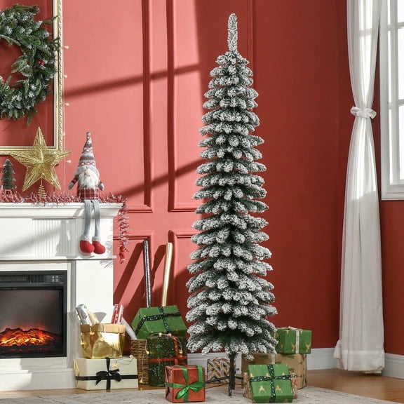 Resenkos 6' Unlit Slim Artificial Pencil Snow-Flocked Christmas Tree with Realistic Branches & 603 Tips, Green