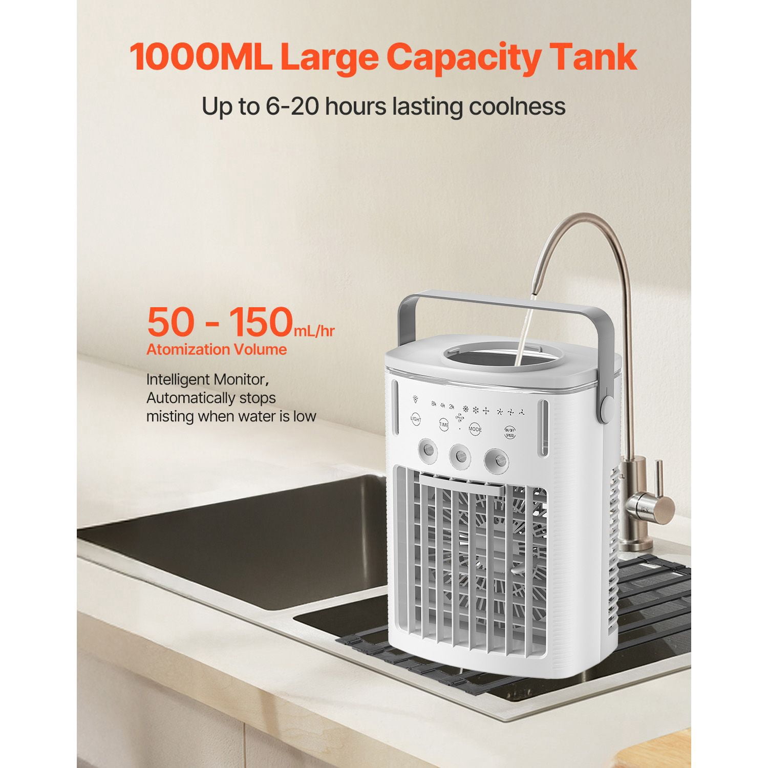 Portable Air Cooler 4-in-1 Fan/Humidifier/Air Cooler/7-Color Night Light 3 Speeds 3 Mist Levels 1000ml Tank Timer for Home Office Camping