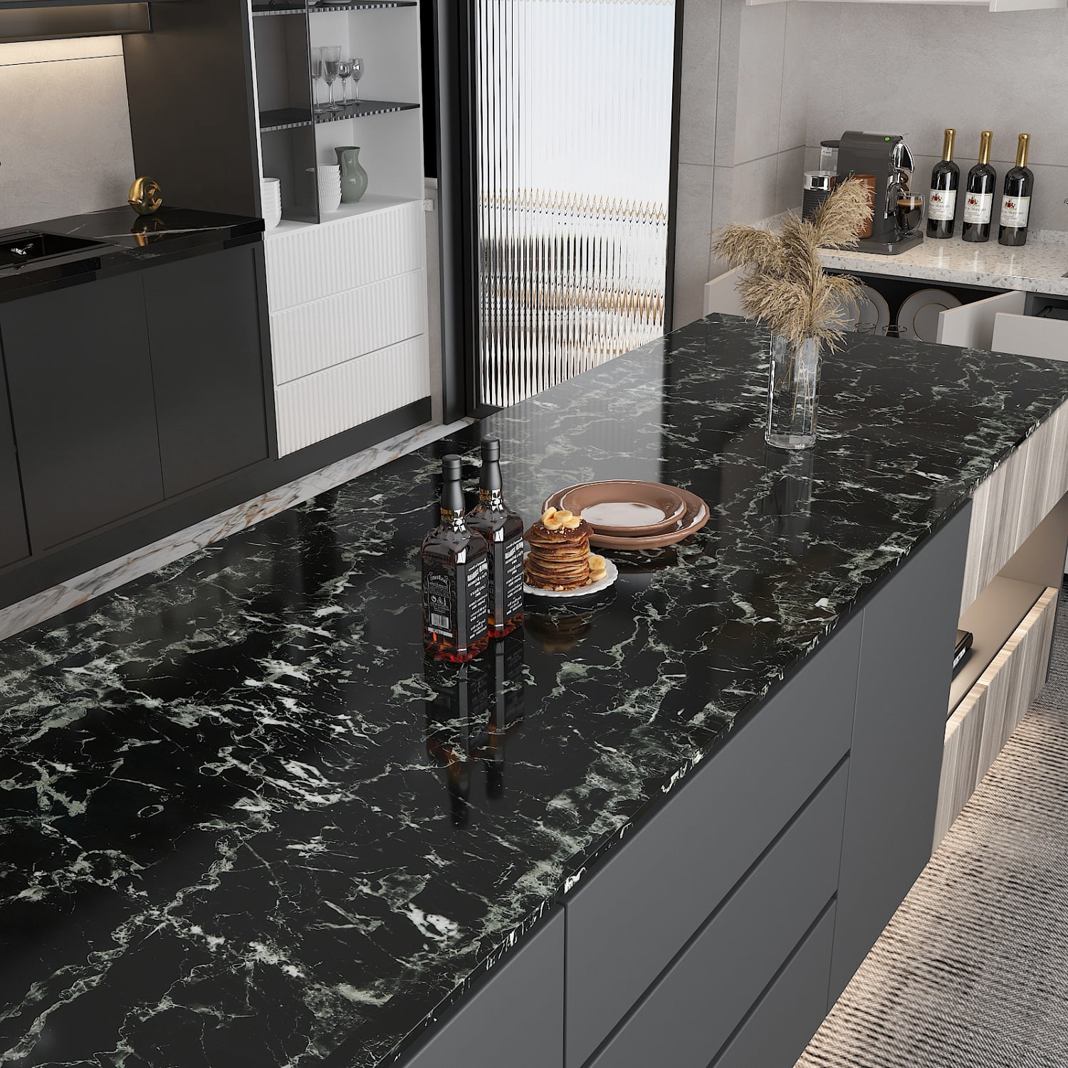 CHIHUT 17.7"x100" Black Marble Contact Paper for Countertops Waterproof Marble Wallpaper Peel and Stick Countertops for Kitchen Self Adhesive Removable Marble Vinyl Film for Bathroom Counter Top Walls