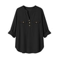 thumbnail image 4 of FAVIPT Women's Long Sleeve Cotton Tops Rolled Up Gauze Casual Shirts Curved Hem Henley V Neck Tees with Chest Pocket Black,S, 4 of 7