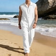 thumbnail image 2 of VBTAPA Mens Cotton Linen Sets 2 Piece Summer Outfits Sleeveless Shirt and Pants Set Beach Vacation Outfit Sets White M, 2 of 6