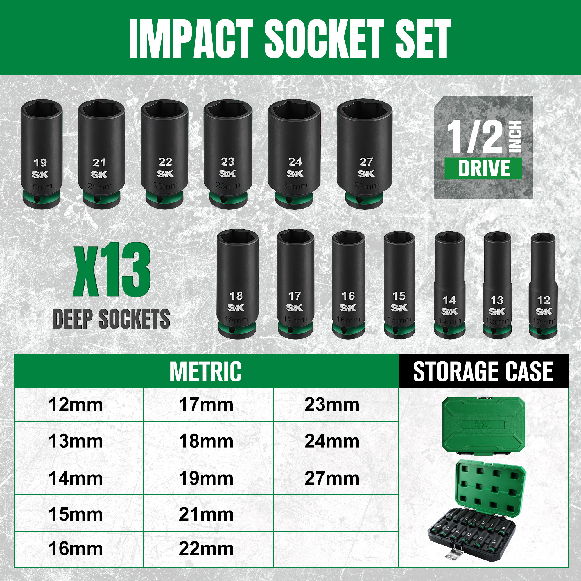 SK Hand Tools SK01353 13 Piece 1/2" Impact Metric Deep Socket Set