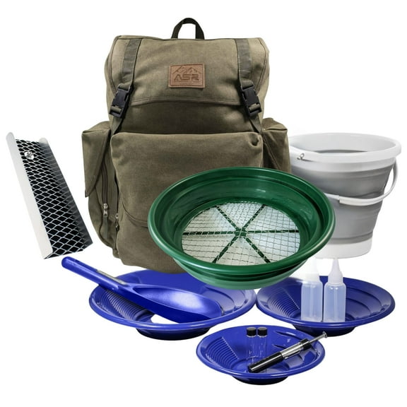 13pc ASR Outdoor Gold Panning Backpack Kit Collapsible Bucket Prospecting Tools