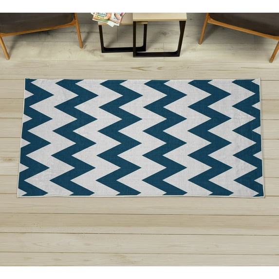 Shapes Decorative Rug, Chevron Pattern Classic Geometrical Horizontal Zig Zag Stripes Retro Artwork, Quality Carpet for Bedroom Dorm and Living Room, 6 Sizes, Sea Blue, by Ambesonne