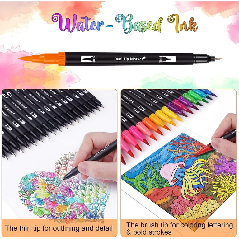 Colouring Pens For Adults Dual Brush Marker Pens - 24 Colored Art Markers, Fine Point & Brush Tip Water Based Markers, For Kids Adult Coloring Books Bullet Journals Planners, Note Taking Sketching