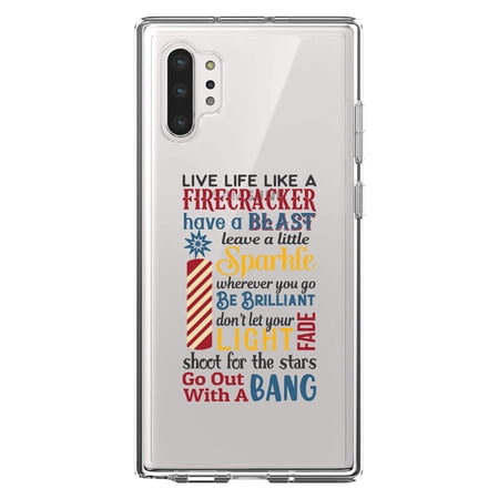 DistinctInk Clear Shockproof Hybrid Case for Galaxy Note 10 PLUS (6.8 Screen) - TPU Bumper Acrylic Back Tempered Glass Screen Protector - 4th of July Word Art Firecracker