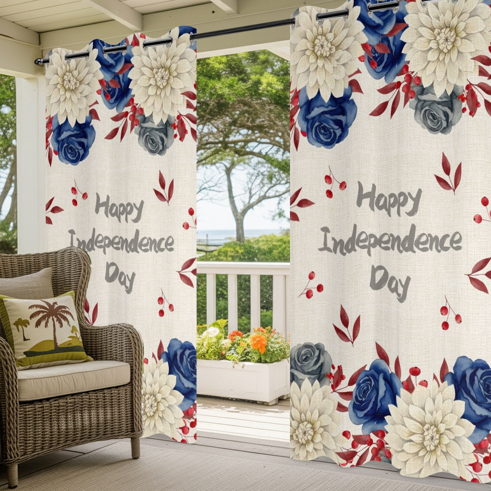 Happy Independence Day Outdoor Curtains for Patio, Red Blue Rose Dahlia Floral Rustic Sunshade Privacy Drapes Grommet Waterproof Outside Curtains for Porch/Cabana/Balcony 54"x 108", 1 Panel