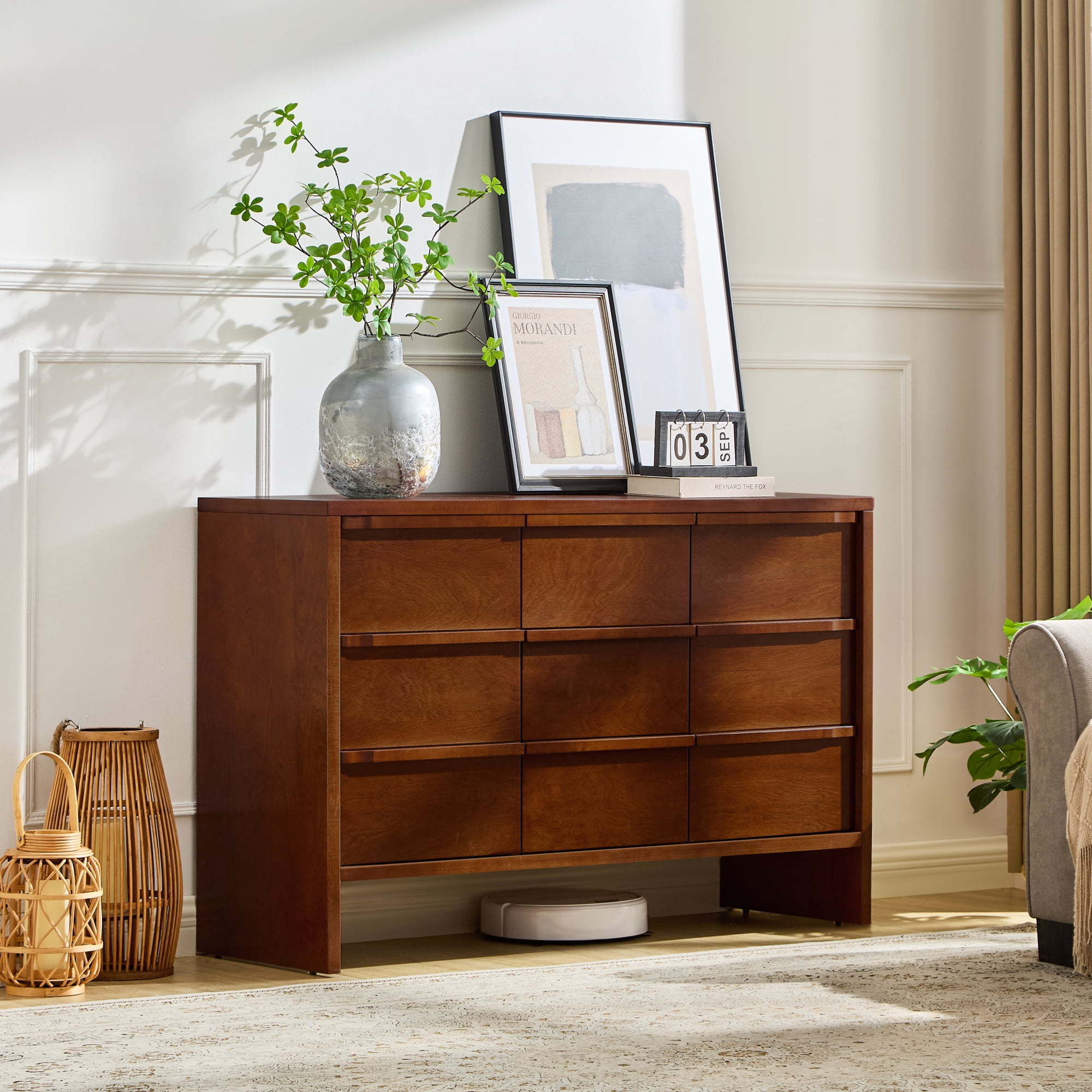 Leumius 47.3" Modern Sideboard Buffet Cabinet, Accent Console Table with 2 Doors, 3 Drawers and Solid Wood Handles, Multipurpose Storage Cabinet for Kitchen, Dining Room and Living Room Walnut