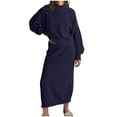 thumbnail image 2 of Vivianyo HD Women's Two-piece Waffle Knit Half-neck Suit Long-sleeved Oversized Top Long Skirt Suit Navy, 2 of 6
