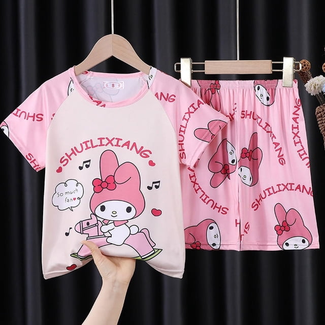 Sanrio-Pijama Kawaii de Anime para niños, ropa de casa de dibujos animados, Mymelody, Kuromi, Cinnamoroll, sección delgada, de manga corta