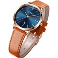 thumbnail image 1 of Reloj de mujer Reloj de mujer Correa de cuero Impermeable Delgado Simple Casual Vestido simple Cuarzo Analógico Fecha Calendario Esfera azul marino y bisel de oro rosa y correa marrón, 1 of 5