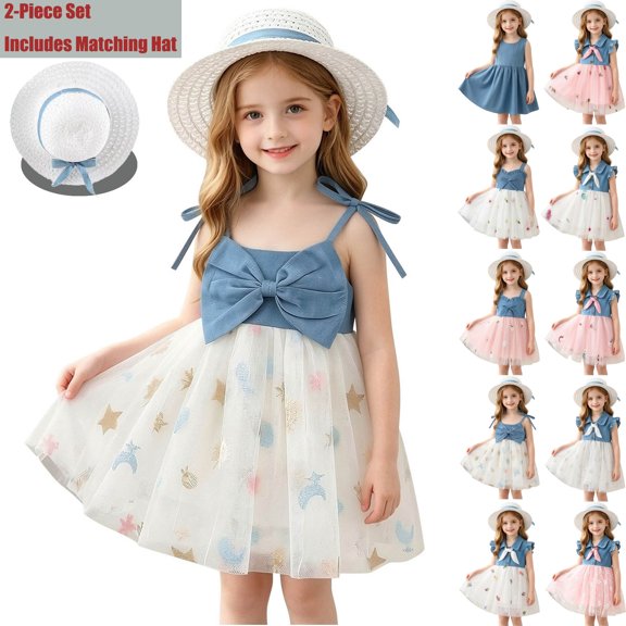 Toddlers Girls Dresses with Matching Straw Hat 2 Piece Set Mesh Patch Sleeveless Cute Midi Dresses A Lined Going out Casual Outfits Set(0.5-3 Years)