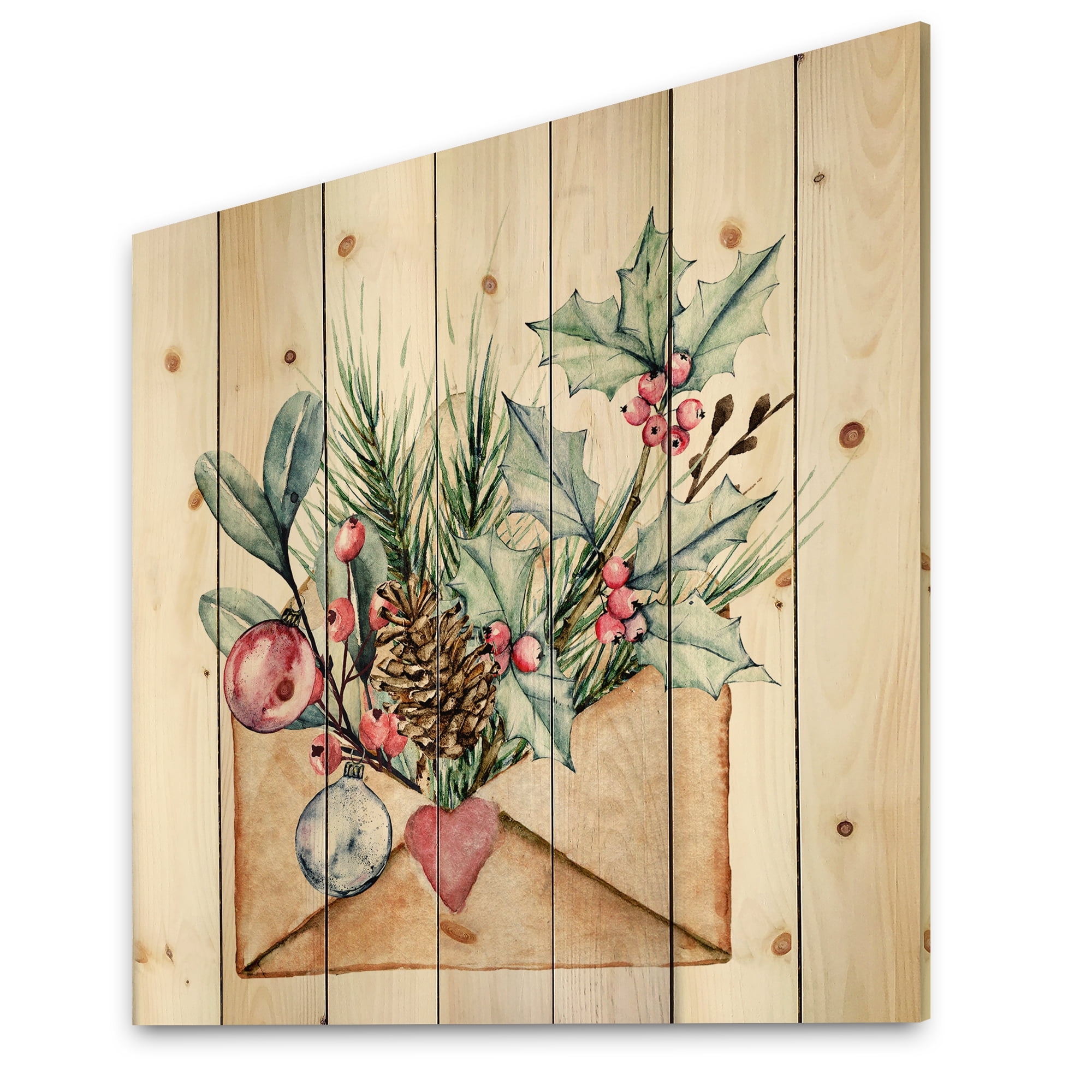 Designart 'Merry Christmas Greeting Card Envelope' Traditional Print on Natural Pine Wood