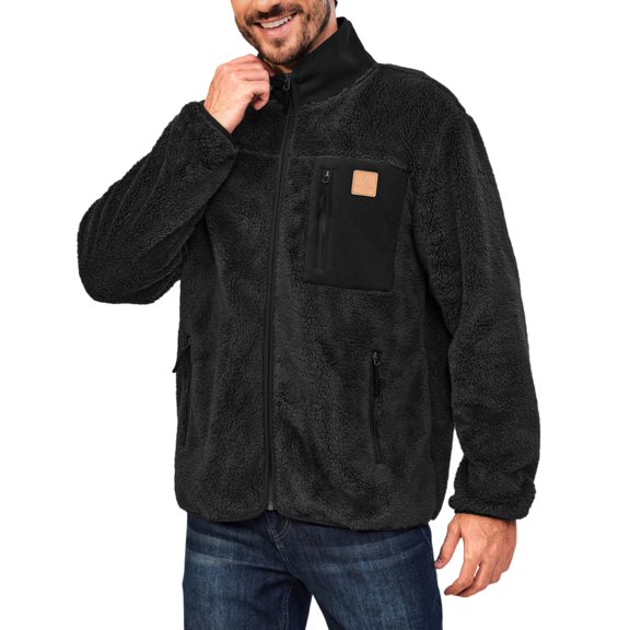 Men's Fleece Lined Jacket Fuzzy Sherpa Full Zip Thermal Coat Lightweight Outwear for Fall Winter (Black S)
