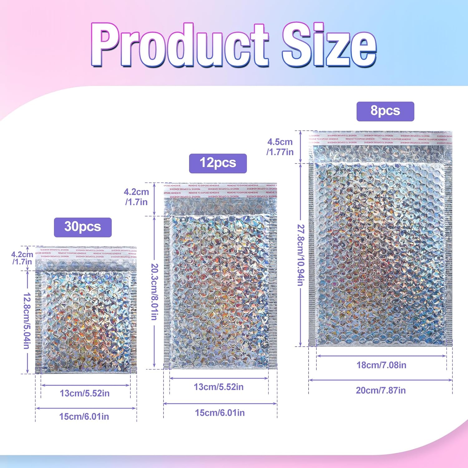 50 Pieces Holographic Bubble Mailers,3 Sizes Metallic Bubble Mailers,Sliver Foil Glitter Padded Envelopes,Self Sealing Waterproof Shipping Bags,Cushion Envelopes for Mailing Packing