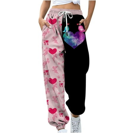 

Dadaria Wide Leg Sweatpants Women Petite Printing with Pocket Elastic Waist Trousers Long Straight Pants Sweatpants Pink M Female