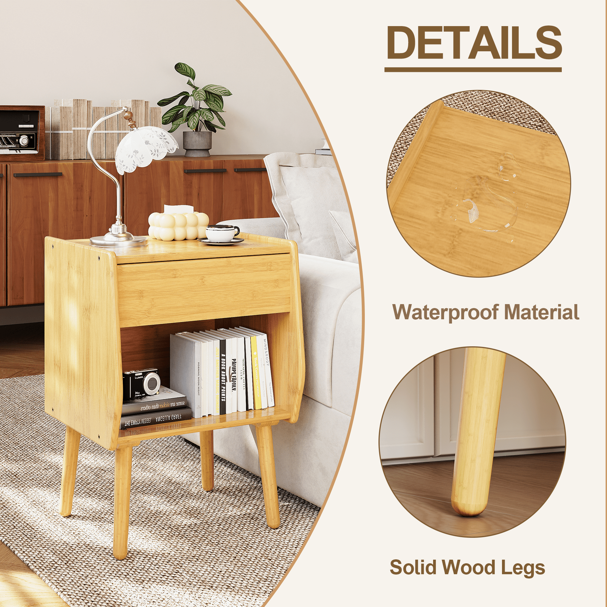 ULIESC Bamboo Nightstand with Drawer, Modern Nightstand with Open Shelf, Natural Wood Bedside Table
