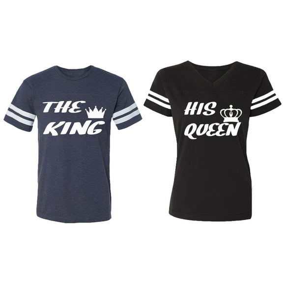 The King His Queen Matching Couple Cotton Jerseys (Men Navy / Women Black) (Men S / Women S)