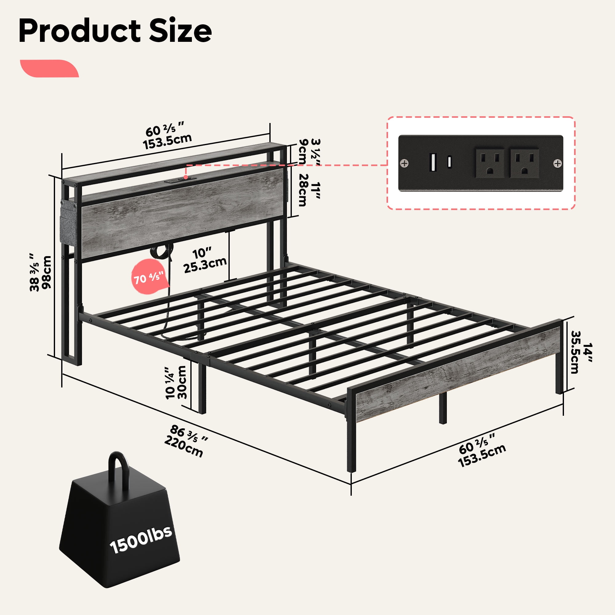 Bestier Queen Size Platform Bed Frame with Led Storage Headboard Charging Station and Bedside Caddy, Grey